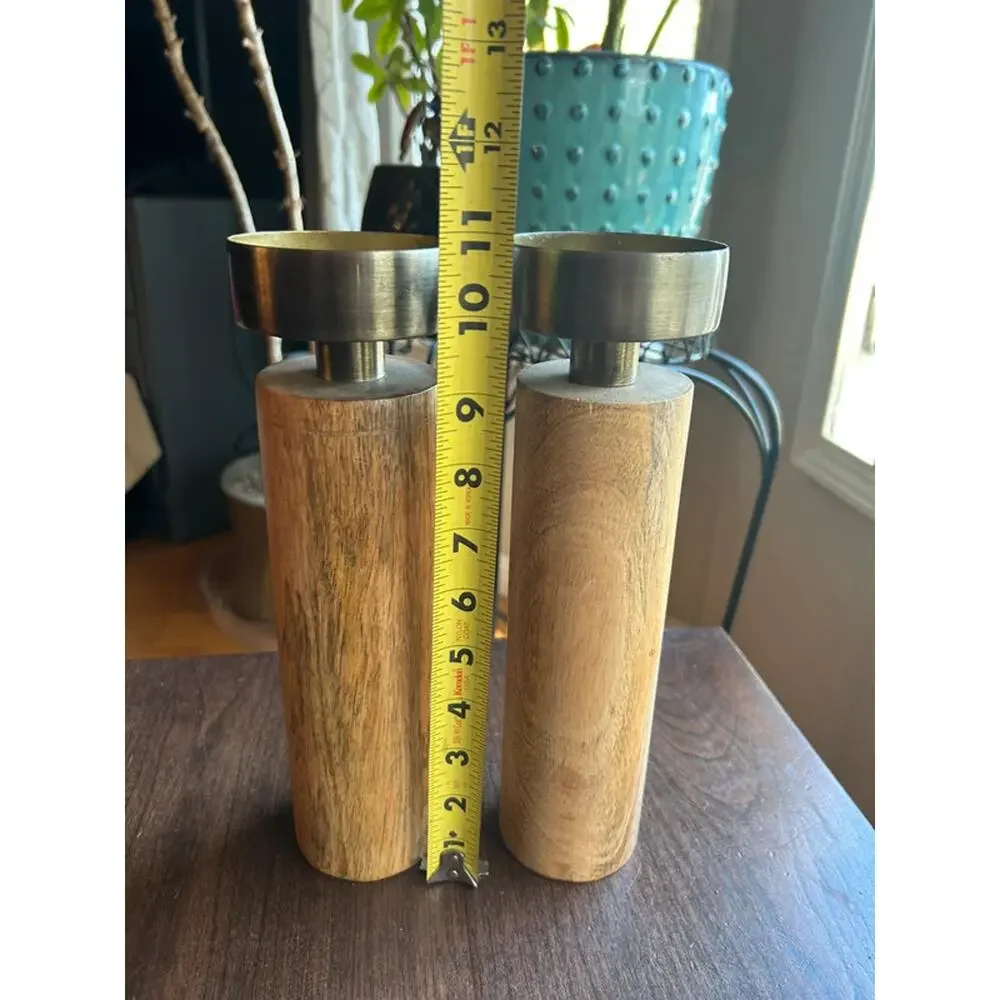 Sagebrook Home taper candle holders natural wood cylinders  brushed metal top